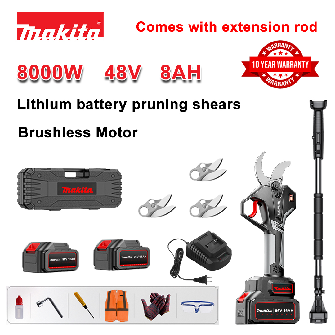 [Haste de extensão 1,5~5m] Tesoura de poda sem escova de bateria de lítio de 8000W + bateria de 48V8Ah * 2 + lâmina de liga sk9 * 3 + carregador + display de energia LED + caixa de ferramentas + óleo lubrificante + óculos de segurança + 10 anos de garantia