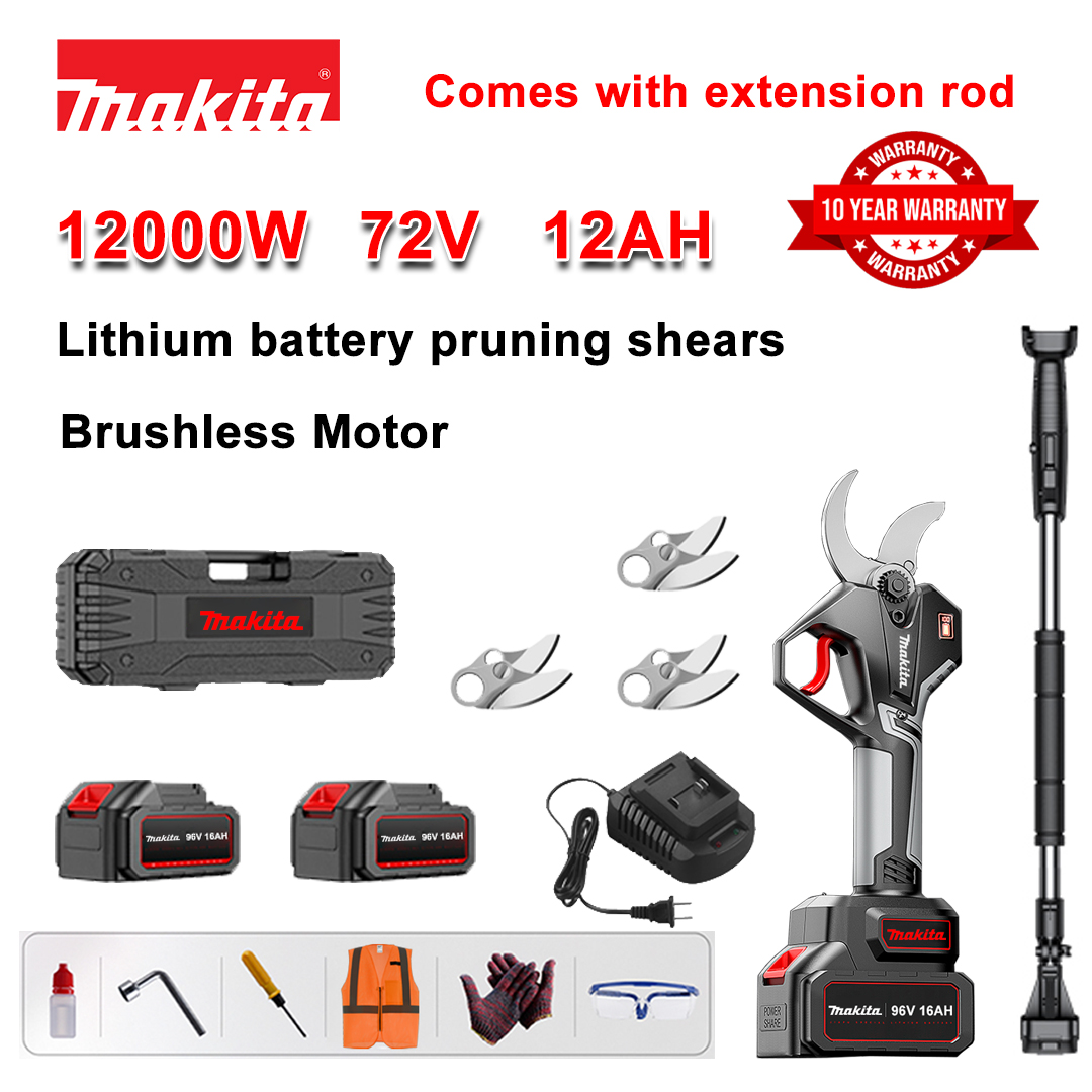 [Haste de extensão 1,5~5m] Tesoura de poda sem escova de bateria de lítio de 12000W + bateria de 78V12Ah * 2 + lâmina de liga sk9 * 3 + carregador + display de energia LED + caixa de ferramentas + óleo lubrificante + óculos de segurança + 10 anos de garantia
