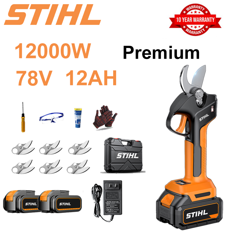Tesoura de poda com bateria de lítio sem escova de 10000 W + 2 baterias de 78 V e 12 Ah + 6 lâminas de liga SK9 + carregador + visor de energia LED + caixa de ferramentas + óleo lubrificante + óculos de proteção + garantia de 10 anos