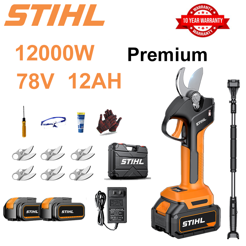 [Haste de extensão de 1,5-5 m] Tesoura de poda com bateria de lítio sem escova de 10.000 W + 2 baterias de 78 V e 12 Ah + 6 lâminas de liga SK9 + carregador + display de energia LED + caixa de ferramentas + óleo lubrificante + óculos de proteção + 10 anos de garantia