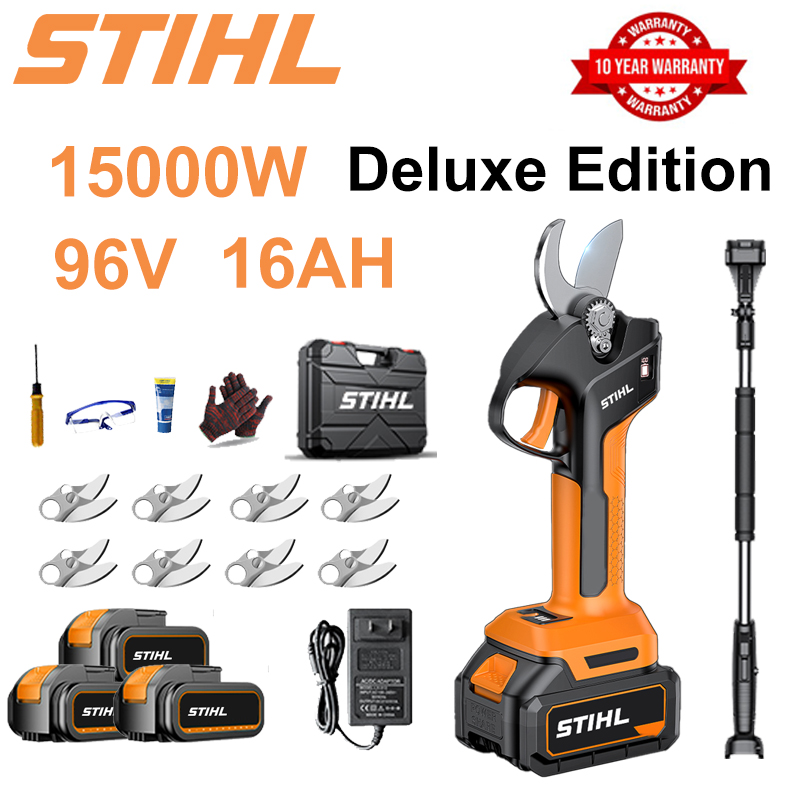 [Haste de extensão de 1,5 a 5 m] Tesoura de poda com bateria de lítio sem escova de 15.000 W + bateria de 96 V e 16 Ah * 3 + lâmina de liga SK9 * 8 + carregador + display de energia LED + caixa de ferramentas + óleo lubrificante + óculos de proteção + garantia de 10 anos